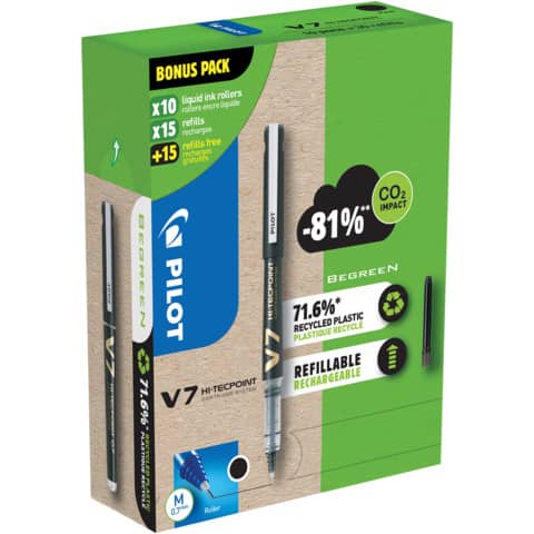 Roller Pilot Hi-Techpoint V7 Begreen 0,7 mm nero Green Pack 10 penne + 30 refill (15 omaggio) - 000027